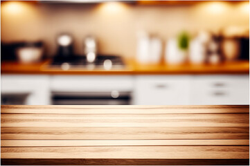 Empty Plank Wooden Table Top with Blurred Home Kitchenmock Up Template for Display or Montage of Your Designbanner for Advertise of Productpanorama View