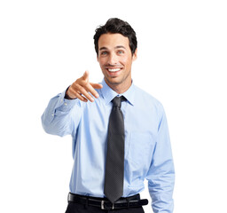 A young handsome smiling business executive or a sales executive with a pointing gesture at the copy space isolated on a png background.