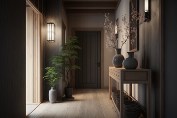 Japandi interior style hallway with door and bonsai tree