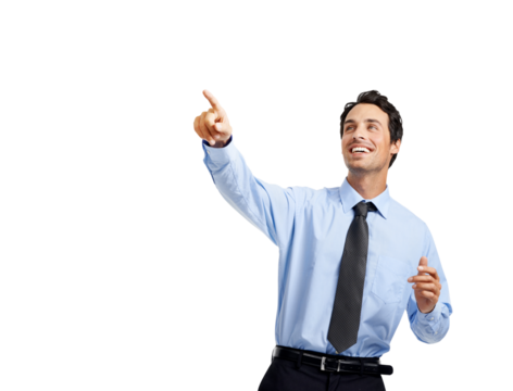 An assertive handsome coach or an analyst or a stock advisor sharing or pointing a piece of information with copy space isolated on a png background.