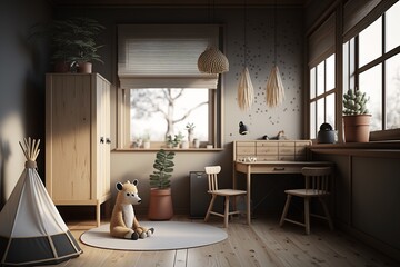 Japandi interior style children's room with wooden desk