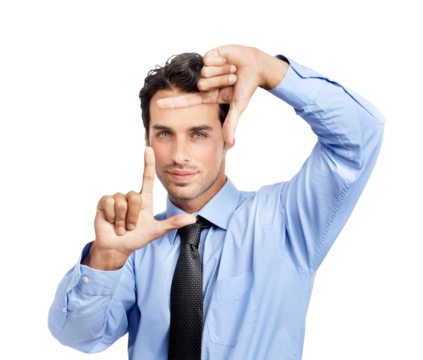 A handsome young male model in corporate attire or a businessman making a frame with his fingers isolated on a png background.