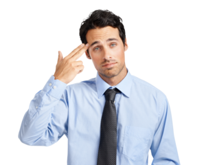 An exhausted businessman or a manager with a serious look pulling a gun gesture at his head with copy space isolated on a png background