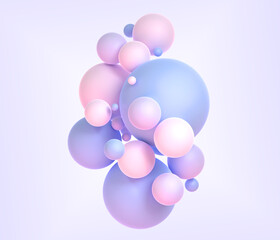 Abstract background with geometric spheres 3d render. Holographic balls with gradient texture, colorful composition of flying pink blue circle balloons on purple backdrop