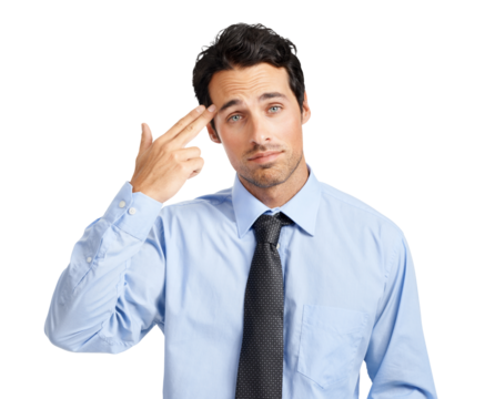 An exhausted businessman or a manager with a serious look pulling a gun gesture at his head with copy space isolated on a png background - Powered by Adobe