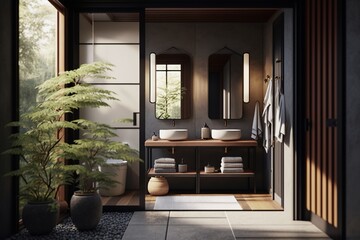 Japandi interior style bathroom with multiple washbasins, mirror and bamboo furniture