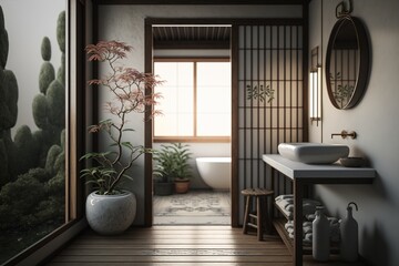 Japandi interior style bathroom with washbasin, mirror and bamboo furniture