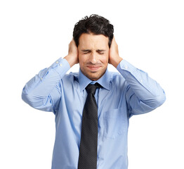 A handsome businessman covering his ears as he experiences extreme work pressure or burden isolated on a png background.