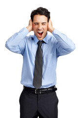  A frustrated businessman yelling or screaming in grief covering his ears cause of unbearable workload or extreme work pressure at a copy space isolated on a png background.