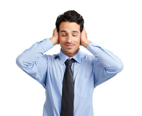 A calm and serene businessman posing by covering his ears and closed eyes pretending as if he is not accepting any nonsense and being calm isolated on a png background.