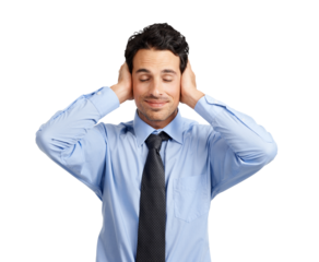 A calm and serene businessman posing by covering his ears and closed eyes pretending as if he is not accepting any nonsense and being calm isolated on a png background.