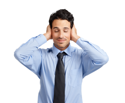 A calm and serene businessman posing by covering his ears and closed eyes pretending as if he is not accepting any nonsense and being calm isolated on a png background.