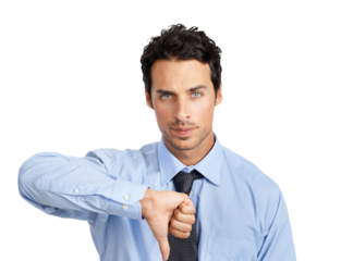 A stern businessman showing his disapproval sign or a gesture with a thumbs down isolated on a png background.