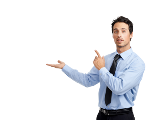 A serious business executive presenting or pointing at a  copy space isolated on a png background.