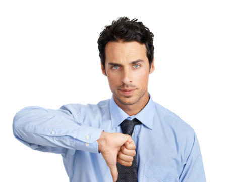 A stern businessman showing his disapproval sign or a gesture with a thumbs down isolated on a png background. - Powered by Adobe