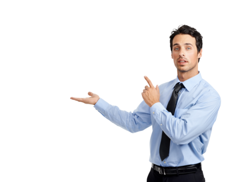 A serious business executive presenting or pointing at a  copy space isolated on a png background. - Powered by Adobe