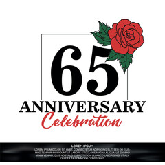 65th anniversary celebration logo  vector design with red rose  flower with black color font on white background abstract  