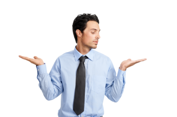 A handsome young businessman presenting a product in copy space and looking at it isolated on a png background.