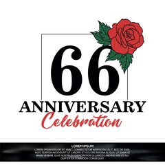 66th anniversary celebration logo  vector design with red rose  flower with black color font on white background abstract  
