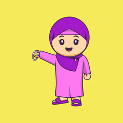 Cute moslem character vector. Illustration of a Muslim girl wearing hijab carrying tasbih (a device for counting prayers).