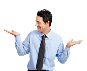 A cheerful young male business model smiling gracefully and holding and looking at the product in a copy space isolated on a png background.