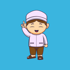 Cute moslem character vector. Illustration of a muslim boy raise hand up.