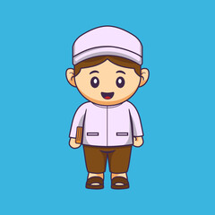 Cute moslem character vector. Illustration of a Muslim boy carrying the holy Qur'an.