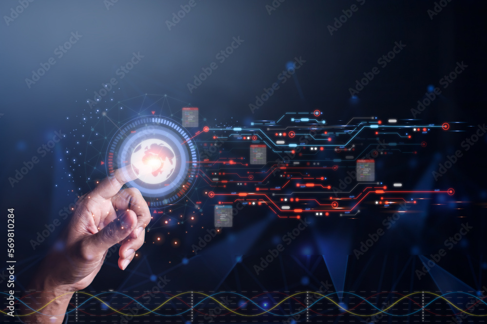 Aufkleber man hand touching the metaverse, digital transformation conceptual for next generation technology er