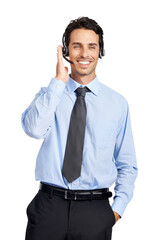 A young call center representative standing in a copy space holding his headset and talking to his...