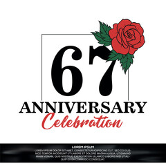 67th anniversary celebration logo  vector design with red rose  flower with black color font on white background abstract  