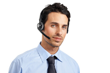 A serious-looking customer service agent or customer care executive wearing a headset and looking...