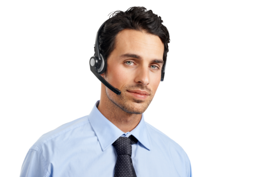 A serious-looking customer service agent or customer care executive wearing a headset and looking at the camera isolated on a png background.