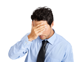 A young trader or a businessman looking dismayed after committing a mistake or bearing a huge loss in trading isolated on a png background.