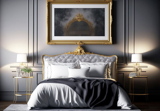 Luxurious gold and black bedroom Interior Design Illustration, Generative AI