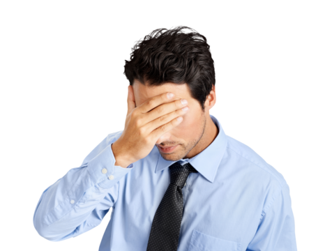 A young trader or a businessman looking dismayed after committing a mistake or bearing a huge loss in trading isolated on a png background.