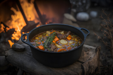 Fototapeta na wymiar Delicious and hot hunters stew on bonfire food photography made with Generative AI