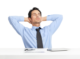 A thoughtful young businessman sitting and relaxing with his hands back on hos head and pretending ti calculate something isolated on a png background.