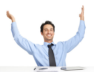 A handsome smiling businessman expresses his joy with both hands raised up and smiling isolated on...