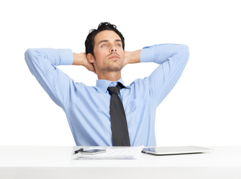 A thoughtful young businessman sitting and relaxing with his hands back on hos head and pretending ti calculate something isolated on a png background.