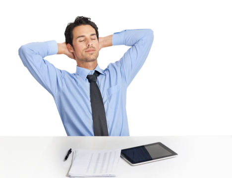 A relaxed businessman sitting at his desk with his eyes closed and his hands behind his back isolated on a png background - Powered by Adobe