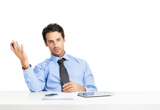 A young businessman sitting at his desk and gesturing while looking at you isolated on a png background.