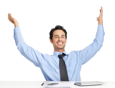A handsome smiling businessman expresses his joy with both hands raised up and smiling isolated on a png background