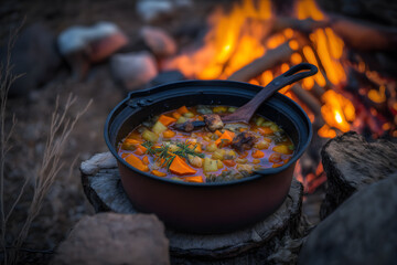 Fototapeta na wymiar Delicious and hot hunters stew on bonfire food photography made with Generative AI