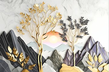 Drawing modern Landscape art 3d mural wallpaper. leaves tree, golden lines, golden sun and gray mountain, colorful marble background