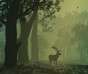 Vector illustration - landscape with deer, deciduous forest, green tones - 569811400