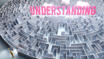 A journey to find Understanding - going through a confusing maze of obstacles and difficulties to finally reach understanding. A long and challenging path,3d illustration