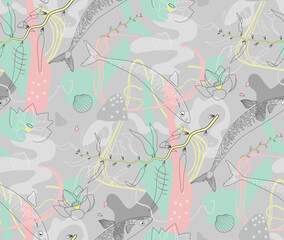 Seamless pattern of underwater sealife in pastel colors