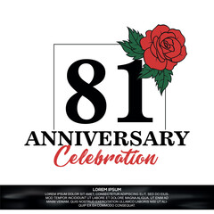 81st anniversary celebration logo  vector design with red rose  flower with black color font on white background abstract  