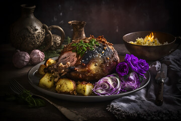 Fototapeta na wymiar Cripsy roasted pork knuckle served with potatoes and pickled cabbage food photography made with Generative AI