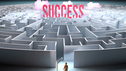 A vulnerable person in front of a big obstacle and a challenge to find a path to Success. A struggle of going through a maze of difficulties and problems.,3d illustration